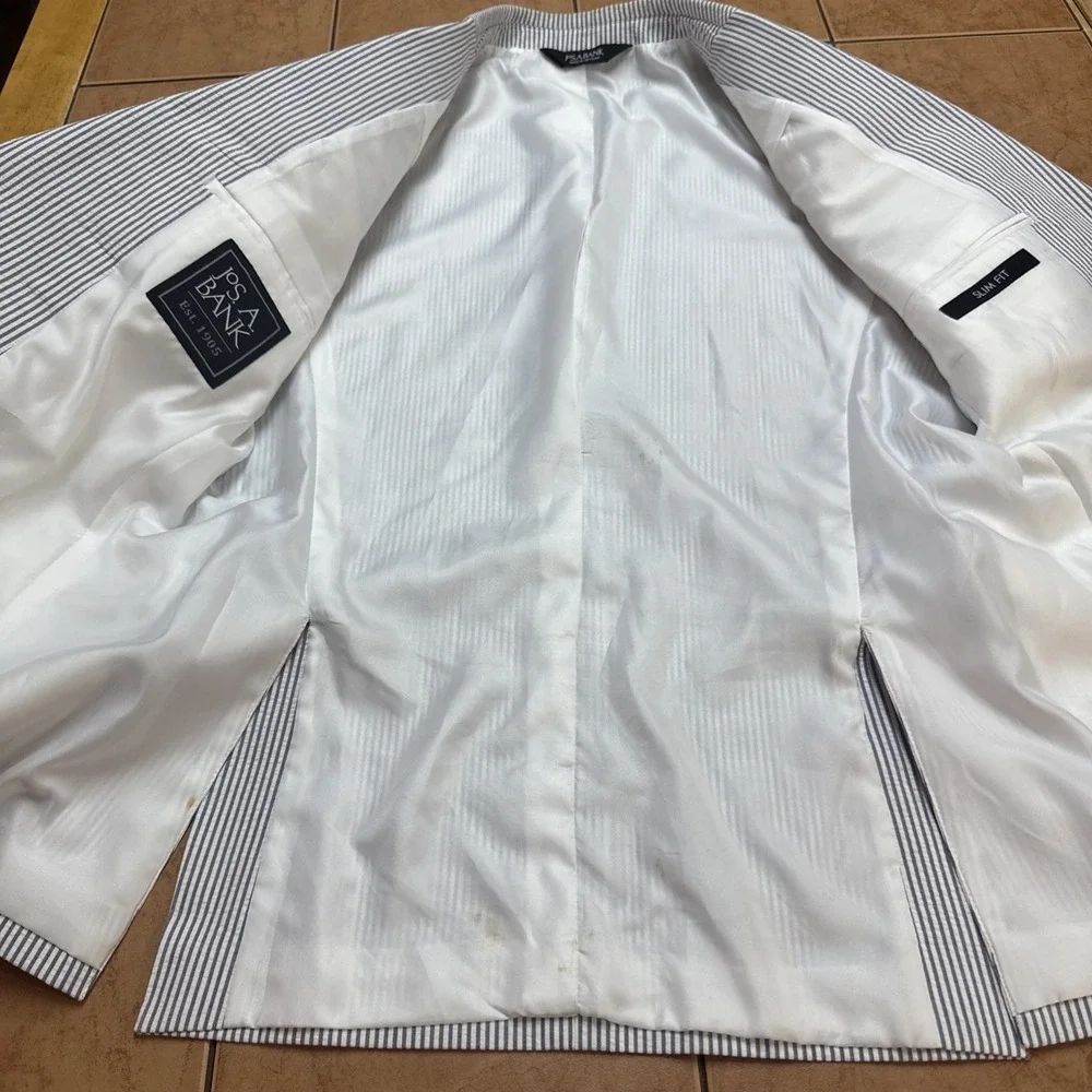 Jos A Bank Sz 36S Slim Fit Seersucker Sport Coat Blue White Cotton Blazer Jacket